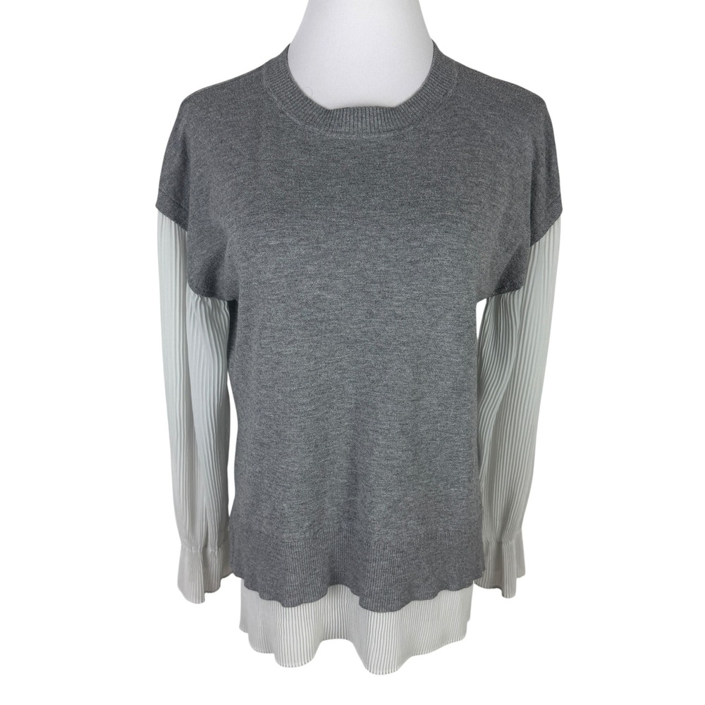 Sioni Milano Women's XL Grey Mixed Media Sweater Chiffon Ruffle Sleeve